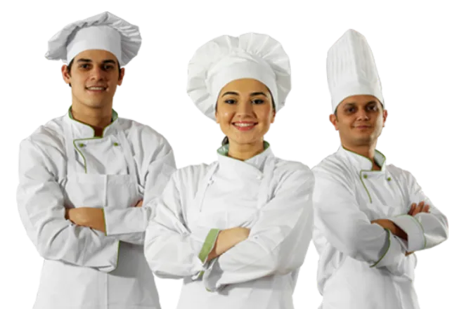 Image of three chefs in professional culinary attire folding their arms and smiling
