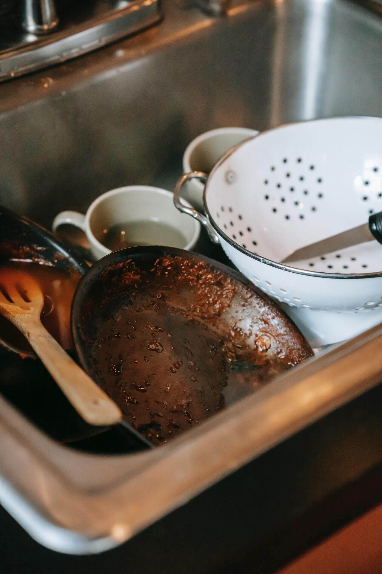 Dirty cookware in a sink